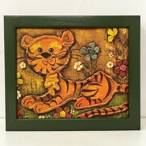 Vintage 70s Big Eye Tiger Cub Framed Nursery Wall Art K Chin